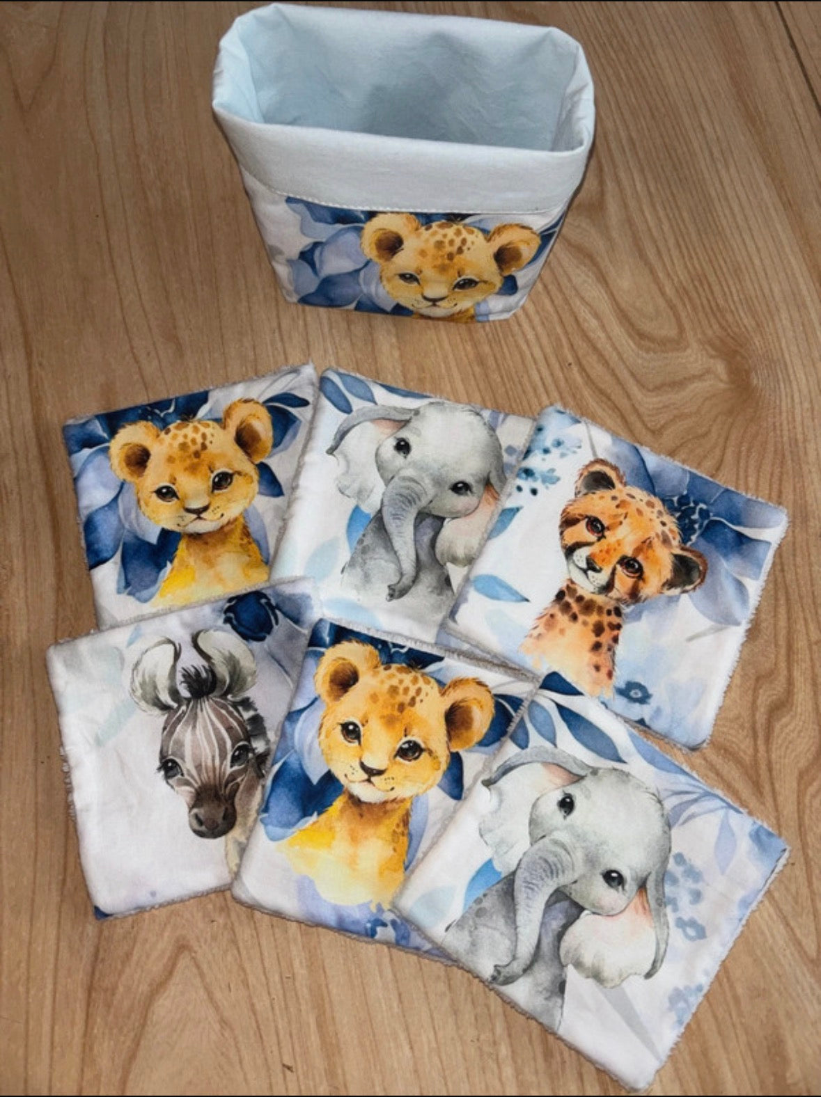 Corbeille /6 lingettes savane bleu