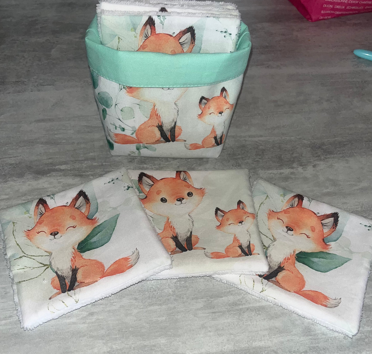 Corbeille / 6 lingettes lavables renard menthe