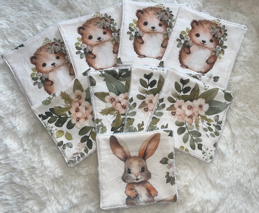 Lingettes lavables hérisson / lapin / fleur