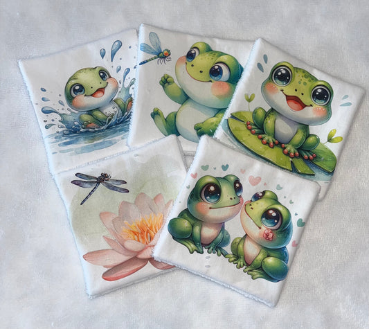 5 lingettes lavables bambous grenouille